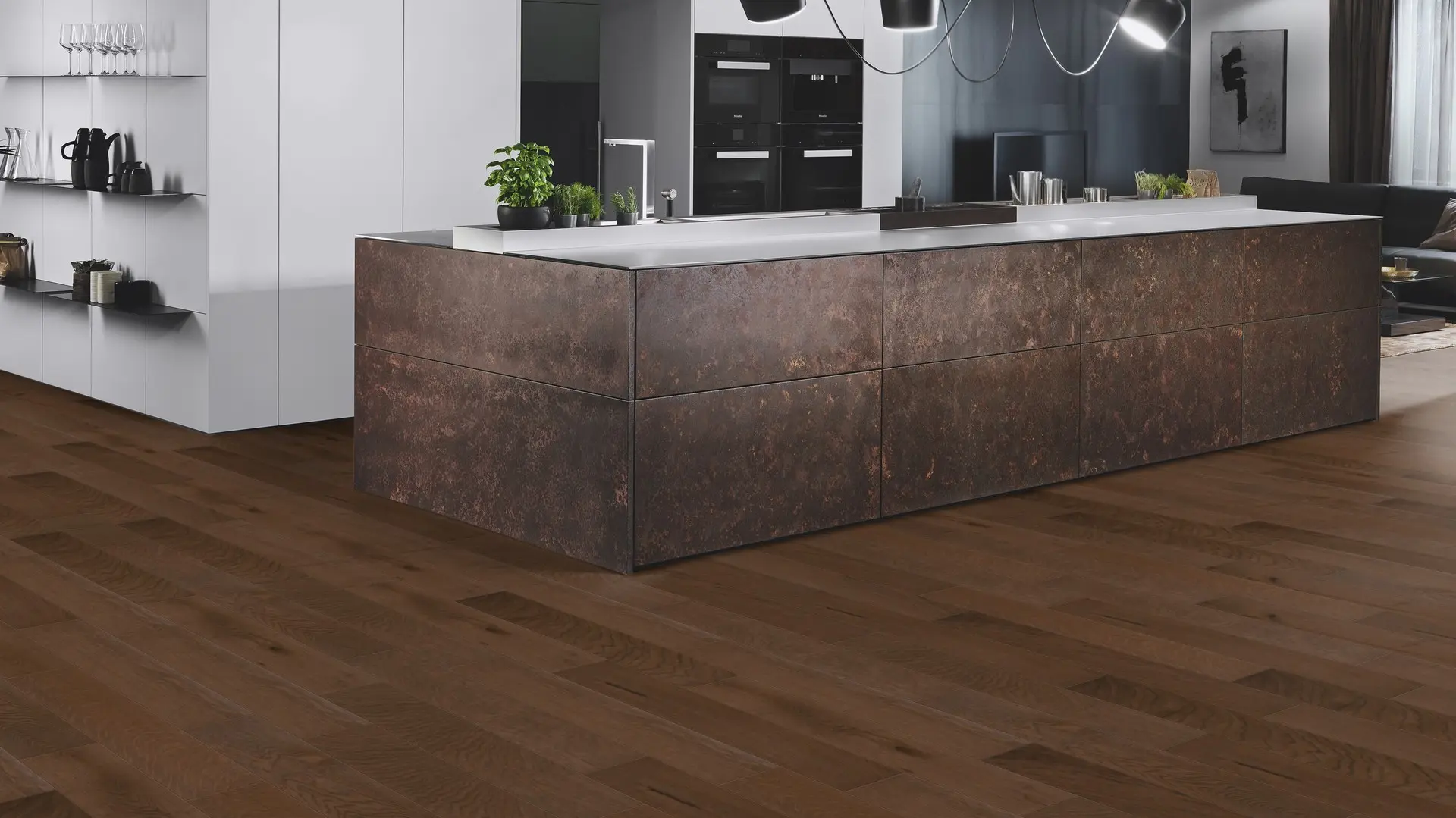 Weitzer Parkett Stab 750 Eiche Havanna lebhaft bunt Fischgrät 90° ProActive+ (lackiert)